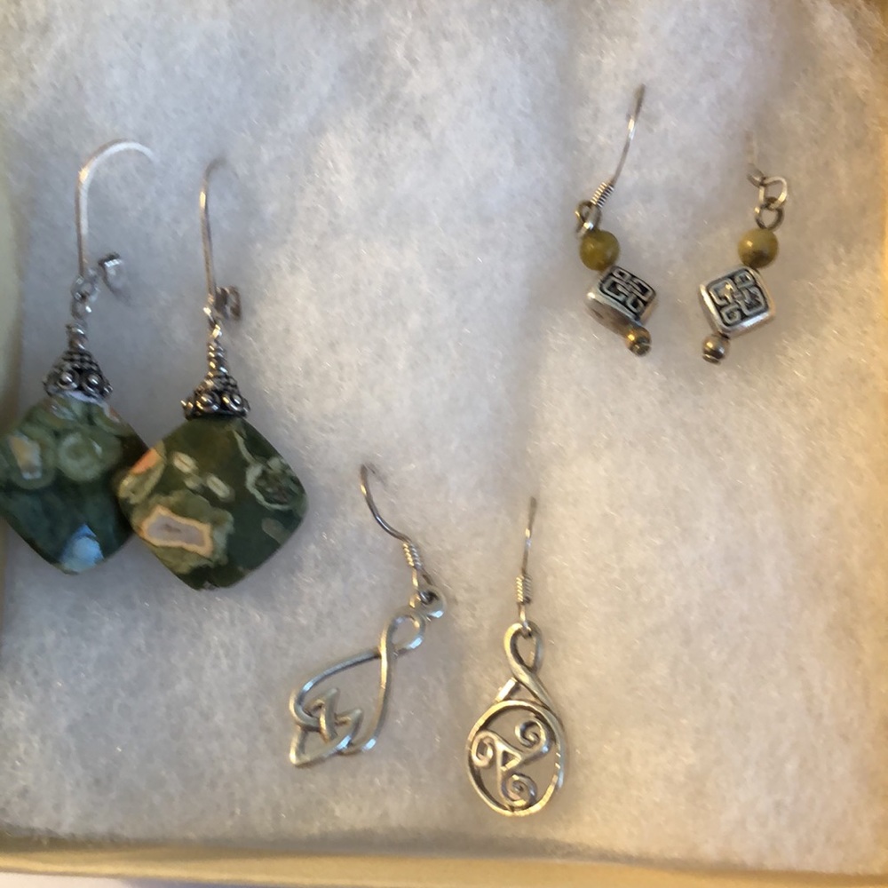 Celtic Irish earring sterling silver and green marble 3 pair